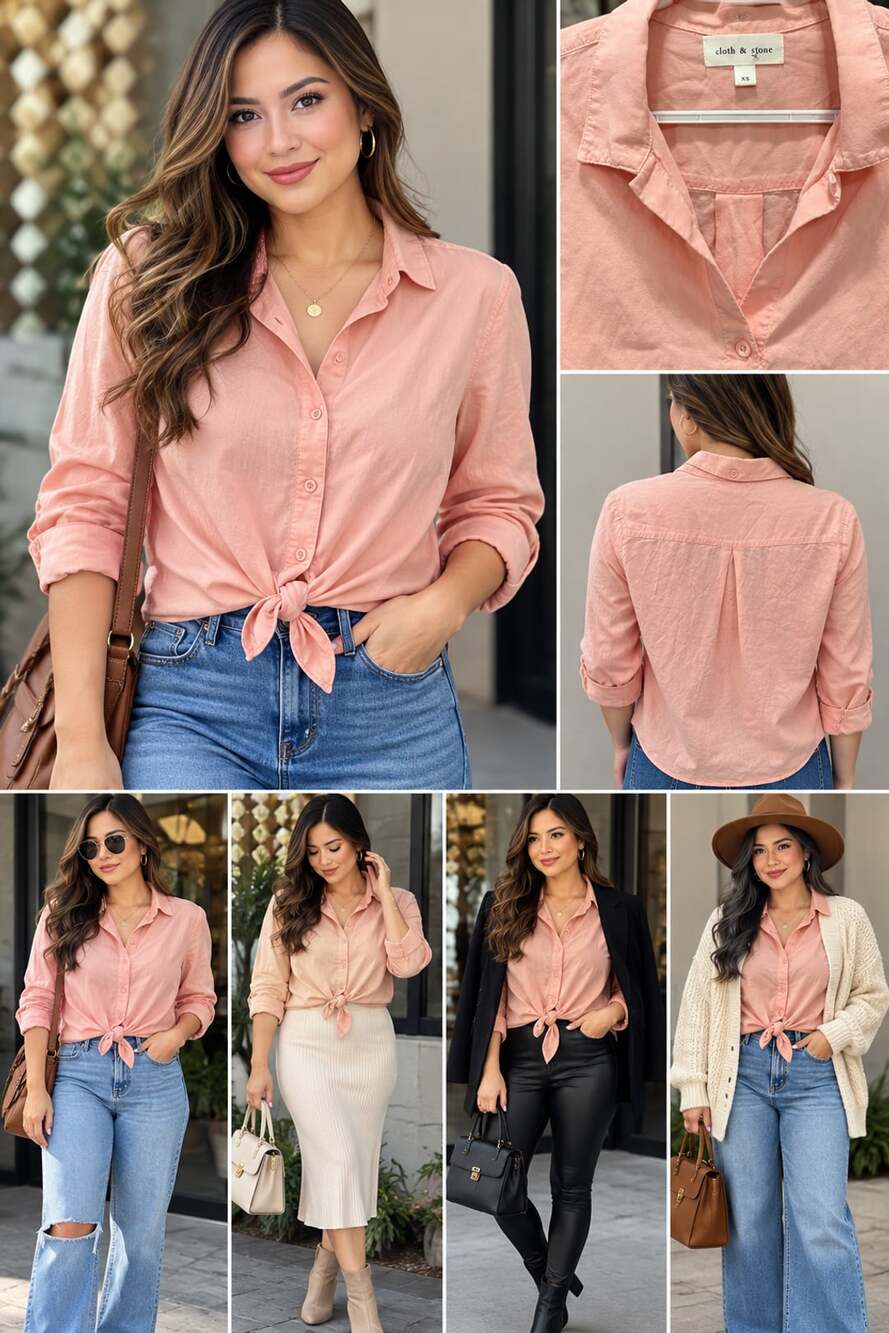Cloth & Stone Anthropologie Peach Pink Button-Down Shirt XS Casual